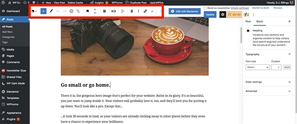 Screen capture of WordPress post editor with toolbar at the top.