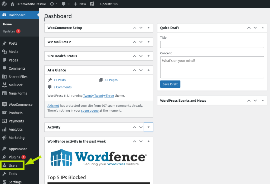 screenshot of WordPress dashboard