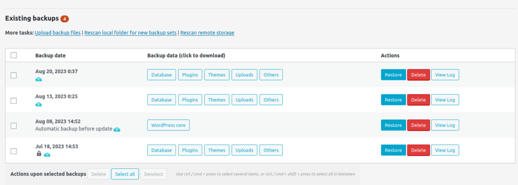 screenshot of UpDraft Plus dashboard showing existing backup list