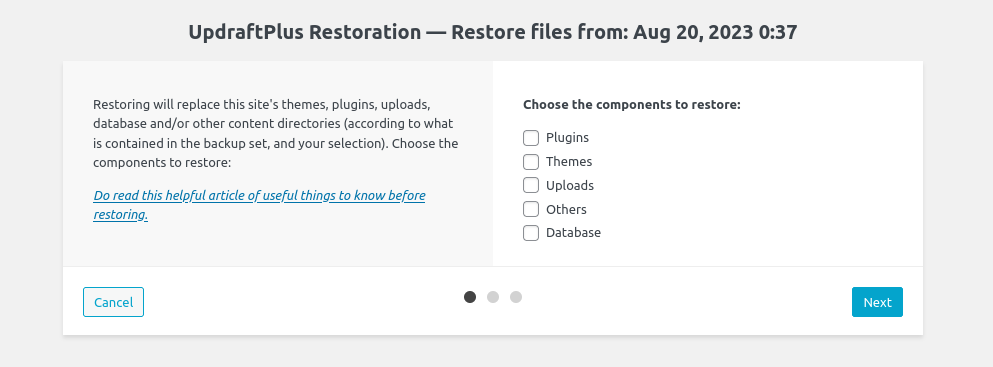 screenshot of UpDraft Plus restoration screen