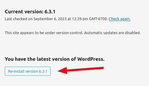 screenshot of WordPress Updates screen.