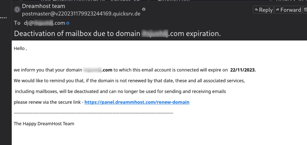 Screenshot of a phishing email from "Dreamhost team" that reads "Deactivation of mailbox due to domain expiration."
