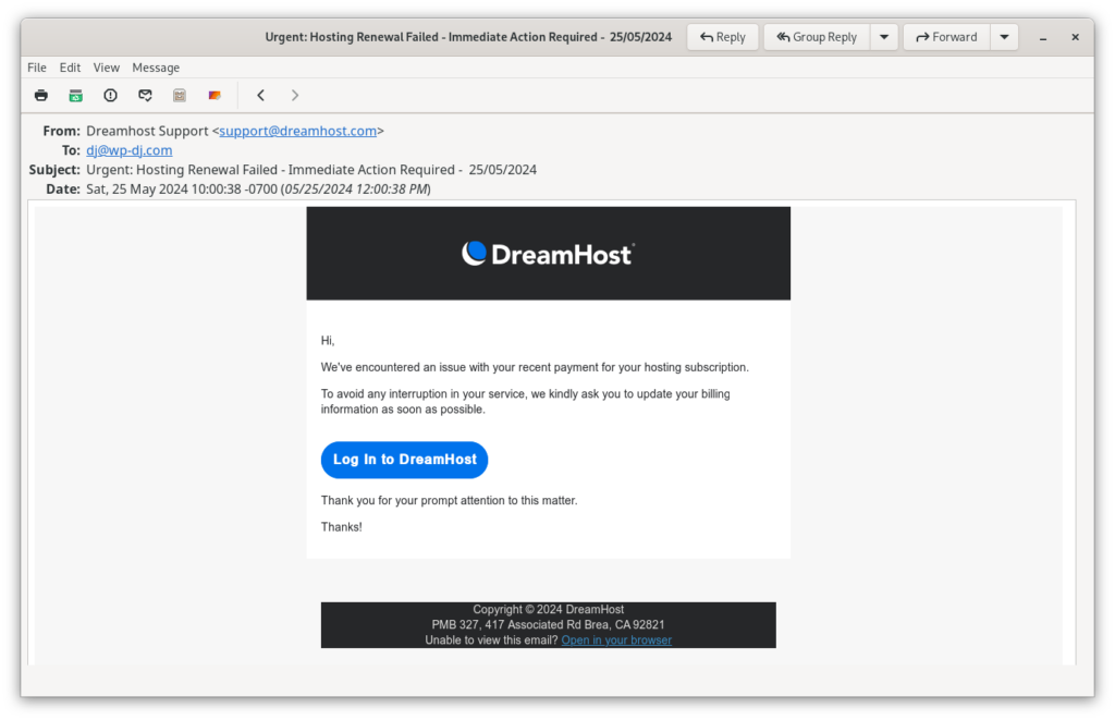 Screenshot of a phishing email from "Dreamhost Support" with the subject "Urgent: Hosting renewal failed"